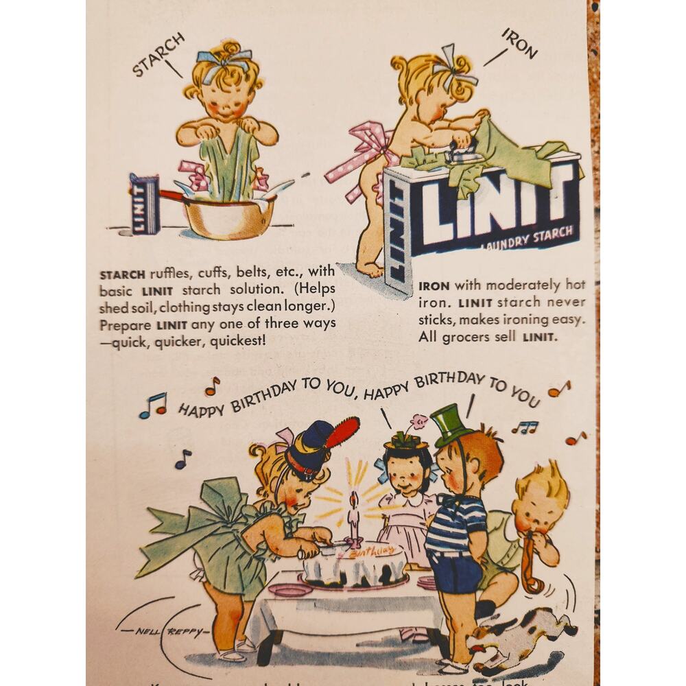 1944 Linit Laundry Starch Cartoon Girl Doing Laundry in Wash Tub - Vtg Print Ad
